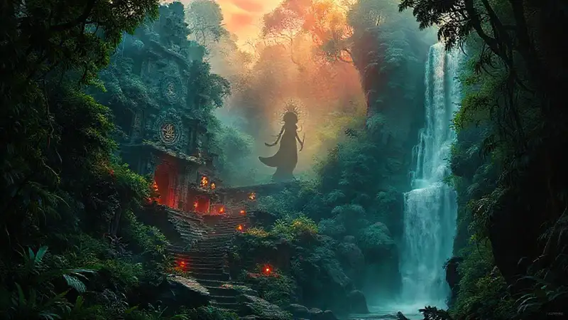 Ruinas místicas brillan en selva etérea